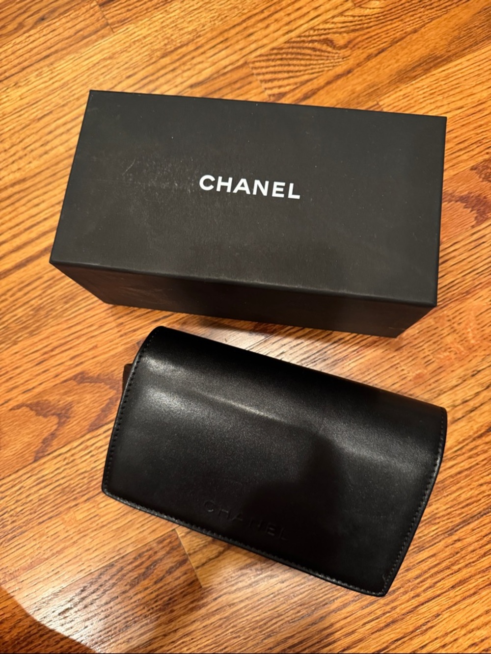 CHANEL Black Leather Sunglasses Case and box
